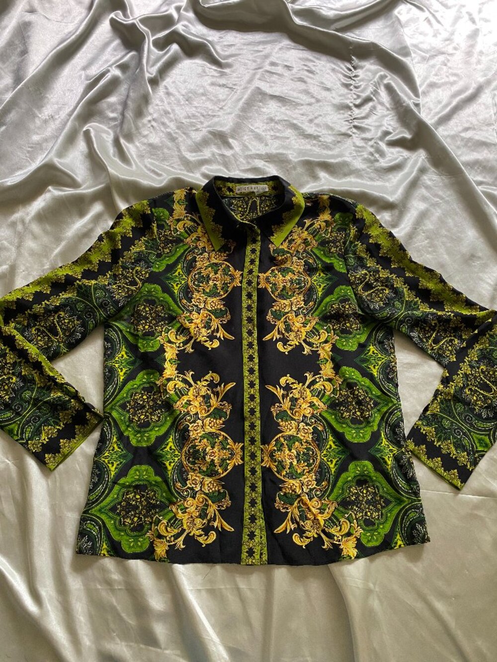 Alice + Olivia Willa Baroque-Print Placket Top Green Gold 100% Silk Small